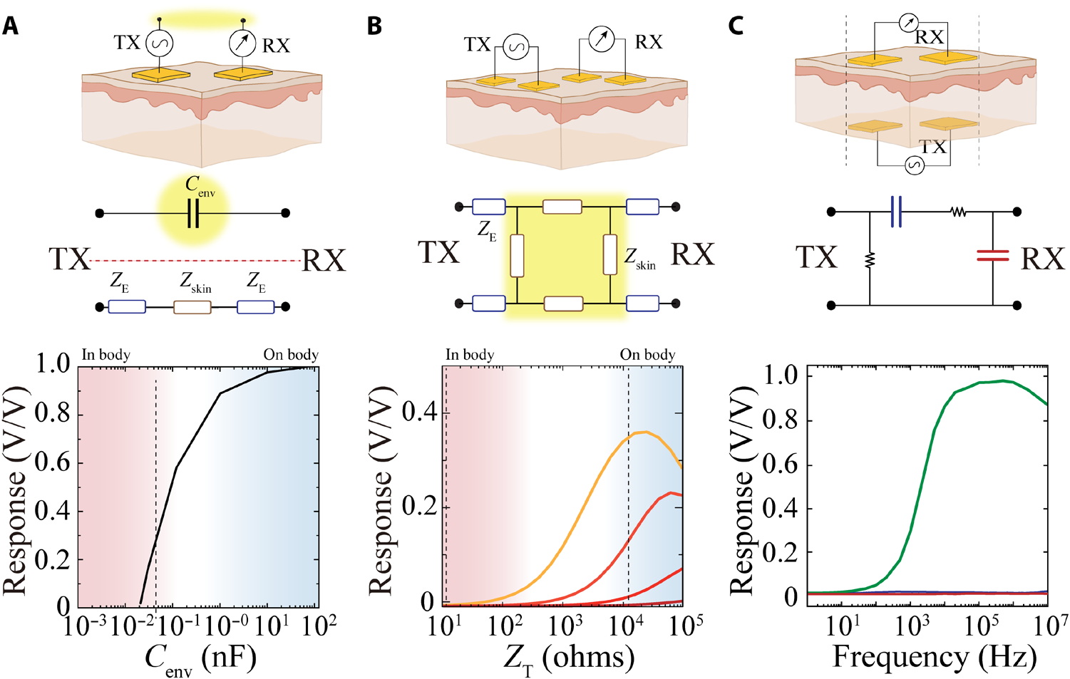 Ionic communication transmission schematics through tissue.